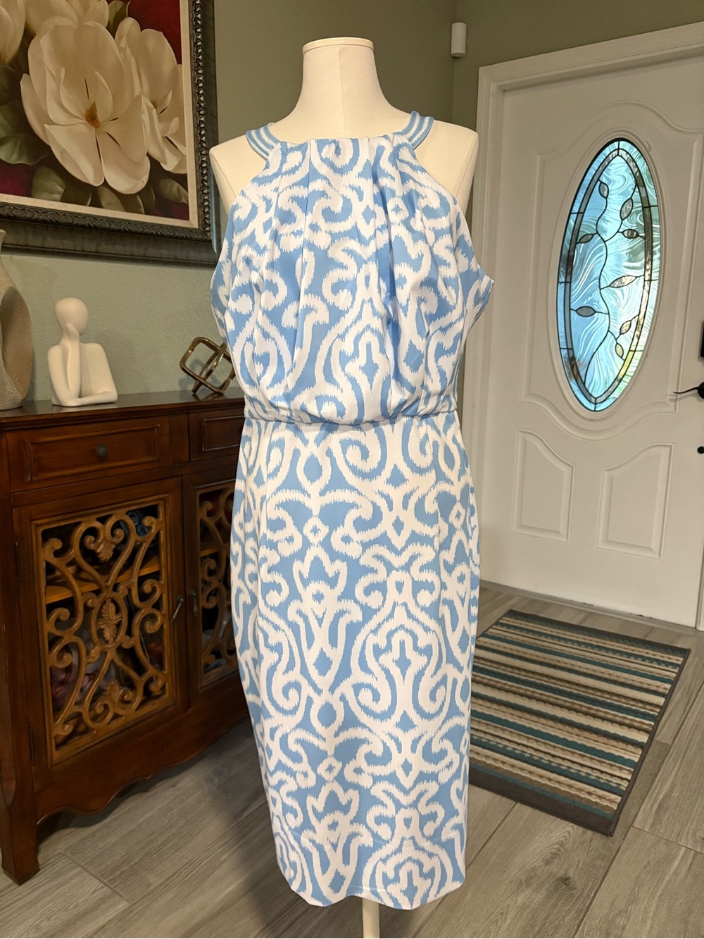 Gretchen Scott Designs Blue and White Halter Midi Dress